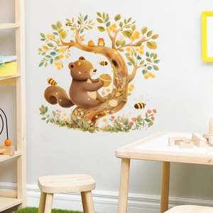 Cartoon brown bear and bee wall decals in hand-drawn style for nursery room wall decoration