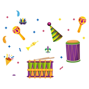 Detailed Mardi Gras stickers set featuring festive drums, masks, and colorful confetti
