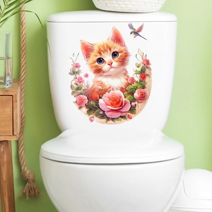 Detailed view of a waterproof toilet sticker featuring a cute cat and pink floral wreath