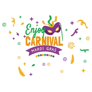 Close-up of Mardi Gras carnival stickers featuring purple mask and colorful ribbons