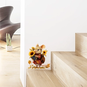 Detail of creative mouse wall sticker featuring a cute mouse with sunflower on stairs