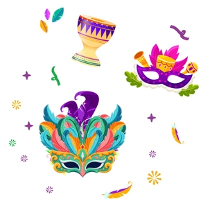 Brazilian Carnival stickers with feather masks and tambourine for festive wall decor