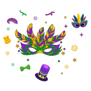 Brazilian Carnival photo booth props set with feather masks, crown, and hat in gold and purple