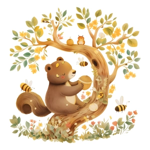 Cute cartoon brown bear on branch with honey pot and bees forest wall sticker
