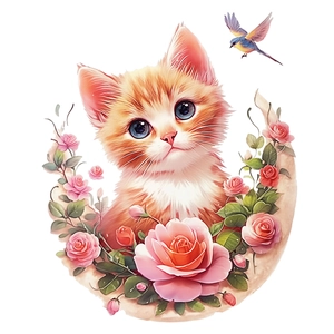 Watercolor cute kitten and pink rose wreath sticker with blue bird on white background