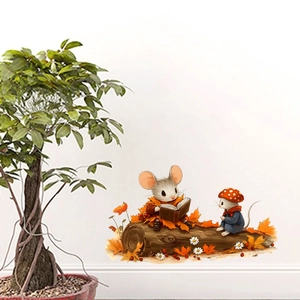 Detail of cute mice reading on log wall sticker with autumn leaves for home decor