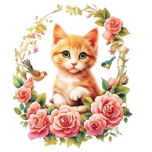 Cute kitten with pink rose flower wreath and birds waterproof toilet lid wall sticker