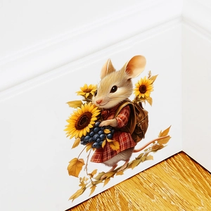 Detailed wall sticker featuring a cute mouse carrying sunflowers near a white baseboard