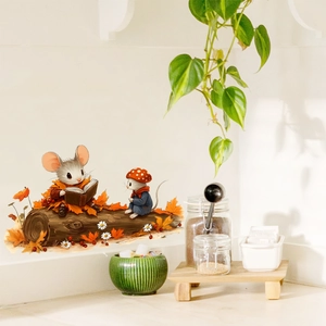 Detail of creative cartoon mouse wall stickers with autumn leaves and floral patterns