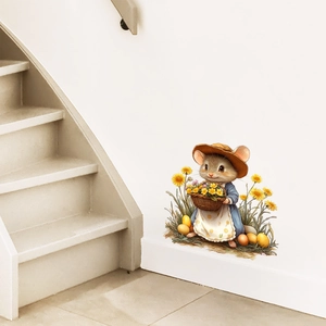 Detail of cute mouse wall sticker in a cozy staircase corner with Easter eggs