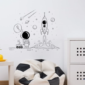 Stickers muraux espace monochrome avec astronautes et fusées pour chambre d'enfant