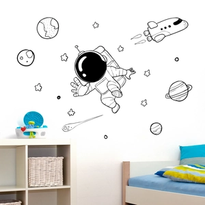 Stickers muraux espace avec astronaute et planètes, style minimaliste dessiné à la main en noir