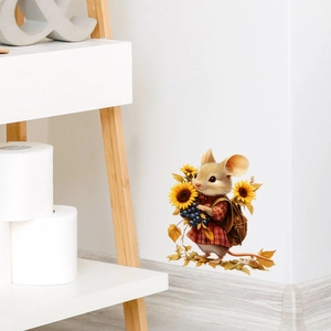 Detailed wall sticker featuring a cute 3D mouse with sunflower on a white wall