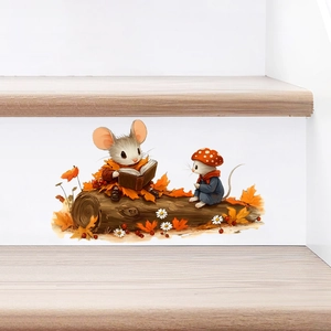 Detail of creative 3D mouse wall decal with watercolor autumn leaves on a white staircase