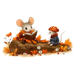 Cute mouse reading on wood stump wall sticker with autumn leaves and berries