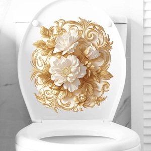 Sticker Couvercle De Toilette Fleur Or Blanc Relief 3D PVC Imperméable Décalcomanie Florale Murale Pour Salle De Bain Maison