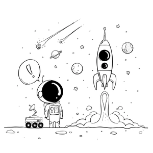 Sticker mural astronaute exploration lunaire avec fusée et planètes dessinées