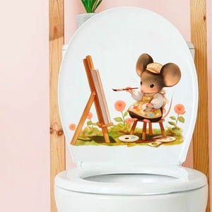 Adesivo per WC con simpatico topo che dipinge fiori decorazione per bagno murale