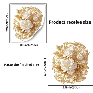 Tableau des tailles d'autocollant floral doré montrant les dimensions reçues et finies