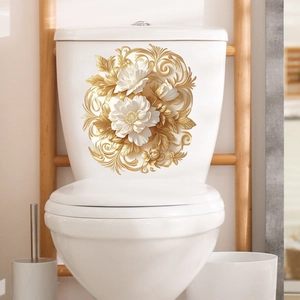 Stickers floraux 3D dorés et blancs pour décoration de luxe de toilettes de bain