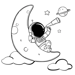 Cartoon astronaut sitting on a crescent moon wall sticker with stars and clouds decal