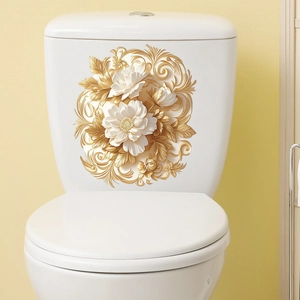 Sticker 3D pour réservoir de toilette avec fleurs blanches et volutes dorées élégantes