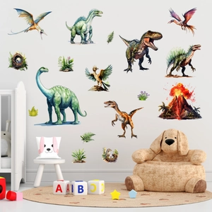 Stickers muraux dinosaures fluorescents avec T-Rex et volcan pour chambre d'enfant