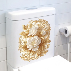 Gros plan d'autocollant WC fleurs 3D avec élégants motifs floraux dorés en relief