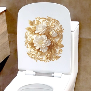 Sticker 3D élégant pour abattant de WC avec motifs de fleurs en relief blanc et or