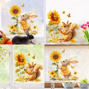 Autocollants de Fenêtre Lapin Écureuil Tournesol Stickers en PVC Imperméable pour Chambre d'Enfant Décoration de Maison