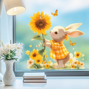 Gros plan d'un lapin mignon avec tournesol, sticker statique pour vitre de fenêtre