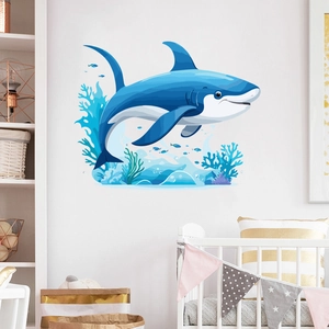 Cartoon ocean shark wall decals with coral reef and tropical fish for nursery decor