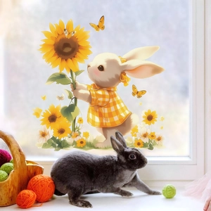 Stickers de fenêtre lapin mignon et tournesols avec papillons pour décoration
