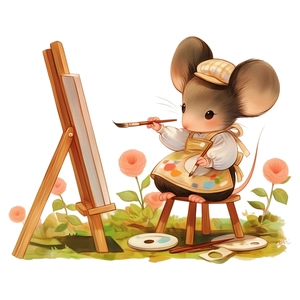 Adesivo murale con grazioso topo pittore con abito floreale e cavalletto da pittura