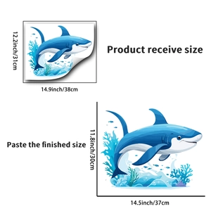 Detailed size chart showing dimensions for cartoon ocean shark PVC wall stickers