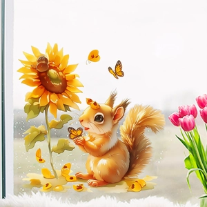 Détail d'autocollant de fenêtre écureuil et tournesol sur verre avec tulipes douces