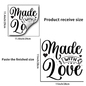 Detail of Made WITH Love wall sticker showing dimensions and final application look