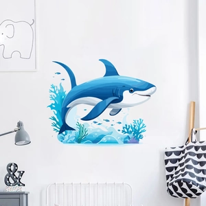 Cartoon ocean shark and coral wall sticker for kids room nursery wall decoration