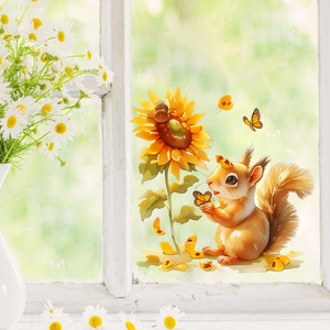 Détail du sticker fenêtre écureuil et tournesol en aquarelle sur vitre en verre