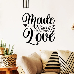 Detailed view of Made WITH Love black wall decal stickers in a cozy home setting