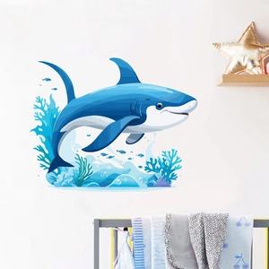 Cartoon ocean shark wall stickers with blue coral and fish for kids room decor