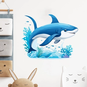 Nursery wall sticker showing cartoon blue shark and coral reef in watercolor style