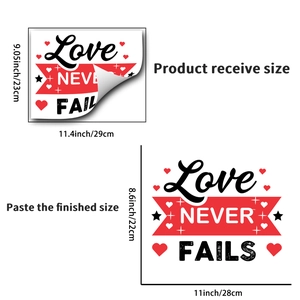 Détails des dimensions et de la disposition du sticker mural Love Never Fails et cœurs