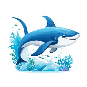 Cartoon shark wall decal with blue coral and ocean elements for room decoration