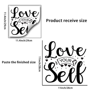 Detail showing Love Yourself wall decal dimensions for product receive size and layout