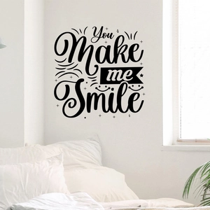 Close-up of You Make me Smile black vinyl wall sticker with elegant cursive font and stars