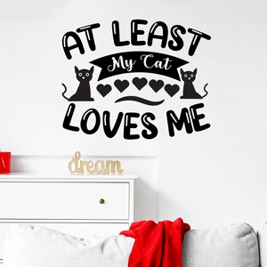 Modern black wall decal with Cat Loves Me quote and feline silhouette on white wall