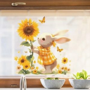 Autocollant de fenêtre lapin avec tournesol sticker mural décoratif pour maison