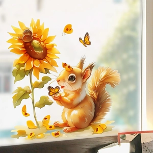 Sticker de fenêtre aquarelle avec un écureuil mignon, un tournesol et des papillons