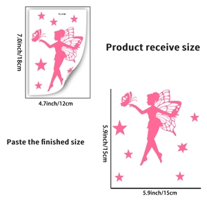 Detailed size chart showing pink fairy and butterfly wall sticker dimensions for application